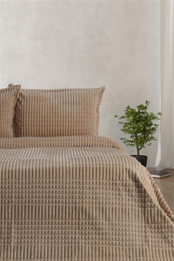 Merinos Modern Line 3 Parça Battaniye Seti - Bej - Image 1