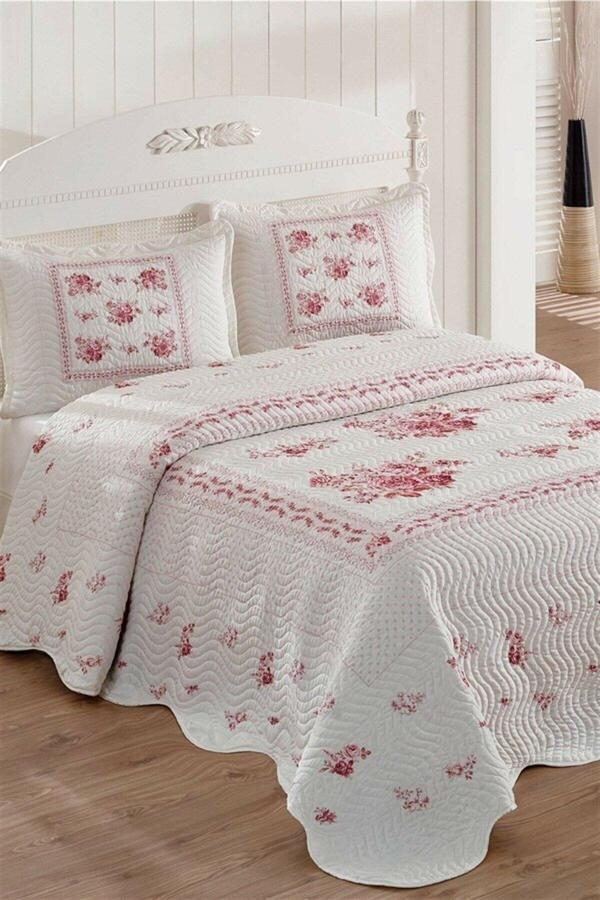 Örtüm Flower Çift Kişilik Kapitone Yatak Örtüsü Takımı - Pembe - Image 1