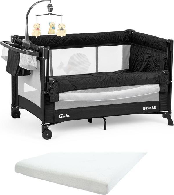 Gulz Beskar Anne Yanı Sallanır Cibinlikli Dönenceli Alt Açmalı Oyun Parkı Bebek Beşik 70X120 cm + YATAKLI  Siyah - Image 1