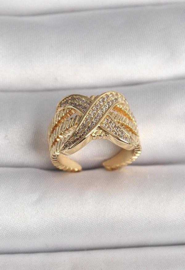Pirinç Gold Renk Ayarlanabilir Zirkon Taşlı X Model Kadın Yüzük - Image 1
