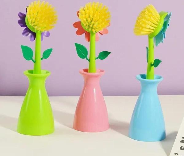 3B Trend Vazolu Çiçek Şeklinde Bulaşık Temizlik Fırçası Banyo Mutfak Lavabo Bulaşık Temizleme Fırçası- 1 ADET - Image 1
