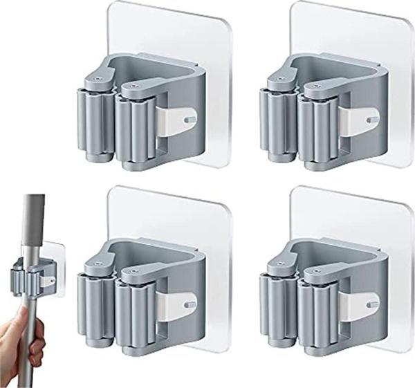 3B Trend 4 Adet Süpürge Mop Tutucu Duvar Kendinden Yapışkanlı Duvar Delme Gerektirmez (Gri) - Image 1