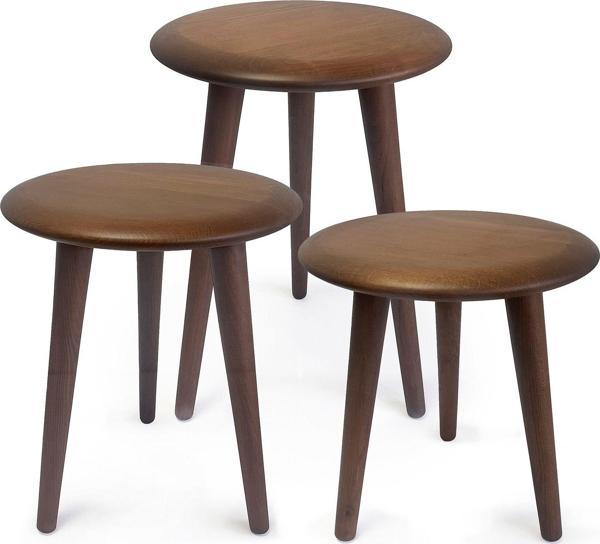 Mezmob Masif Kayın Tabure Sehpa 3'lü Set Saksılık Üç Ayaklı Yuvarlak Ceviz - Image 1