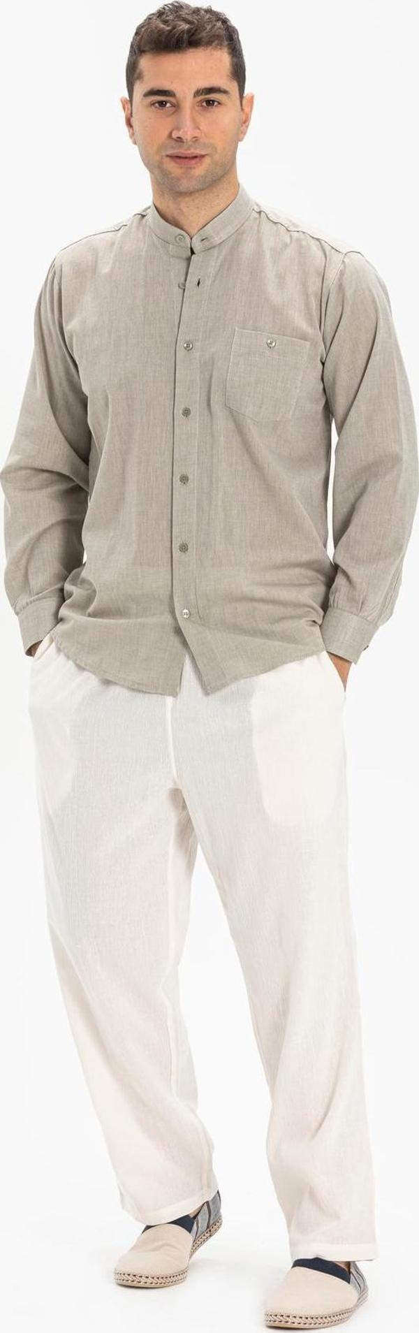 Büyük Beden Uzun Kol Şile Bezi Hakim Yaka Tek Cepli Erkek Yazlık Gömlek Taş 3031 - Image 1