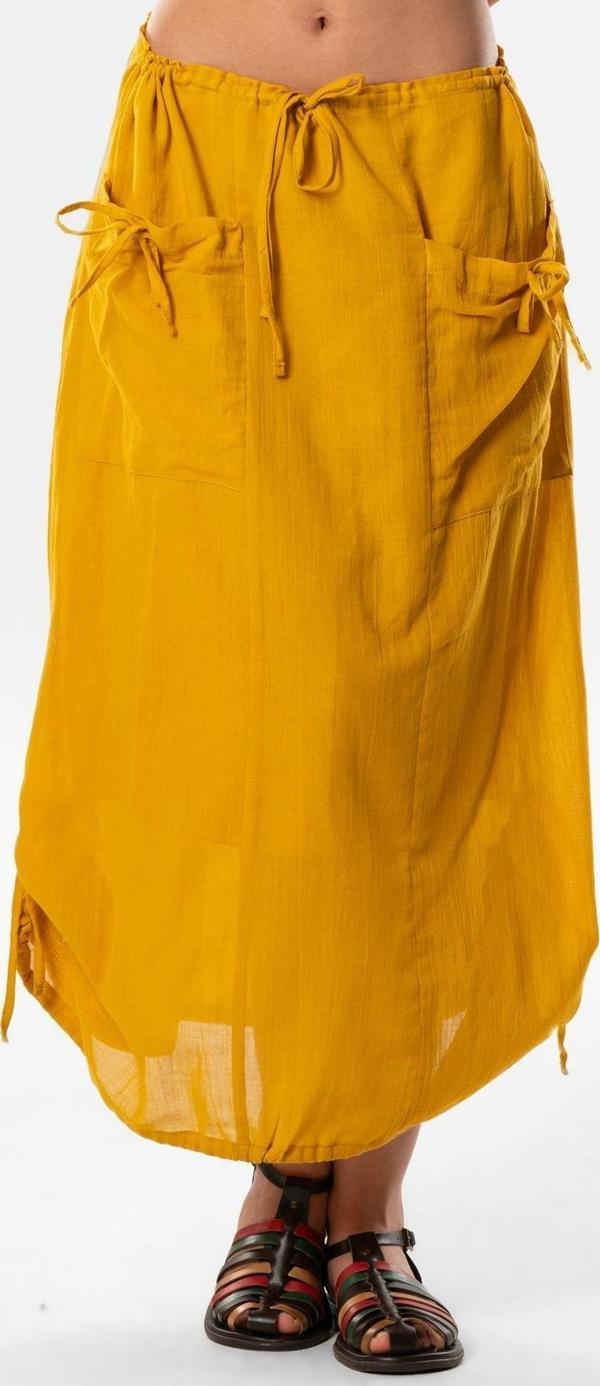 Gökşen Vual Bağlama ve Lastik Detay Midi Boy Yazlık Otantik Etek Hardal Hrd - Image 1