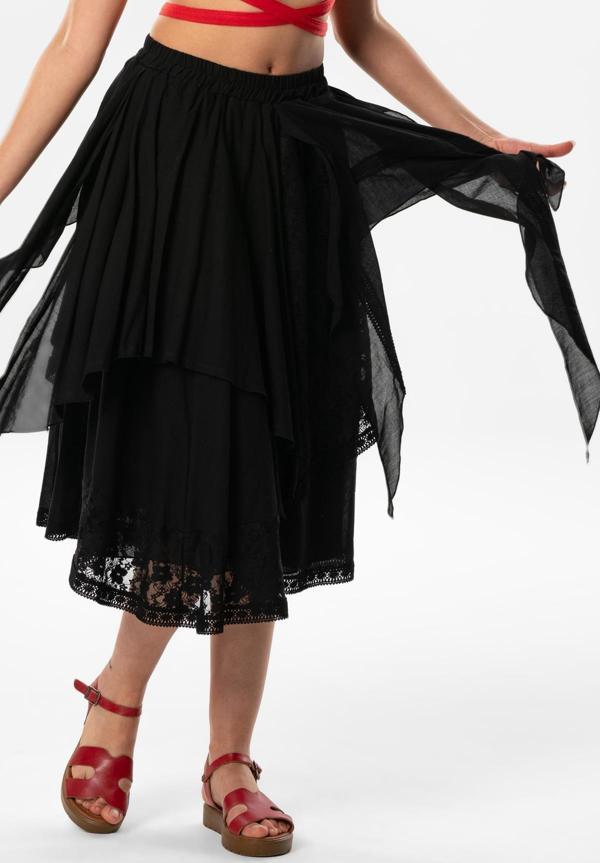 Salkım Vual Dantelli Saçaklı Uzun Yazlık Otantik Etek Siyah Syh - Image 1