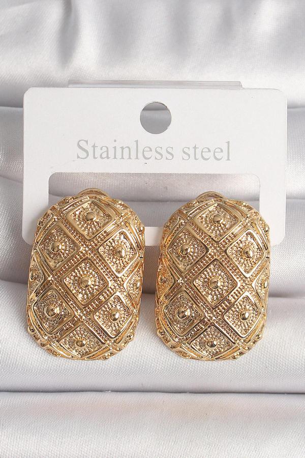 Pirinç Gold Renk Motif İşlemeli Kadın Küpe - TJ-BKP10143 - Image 1