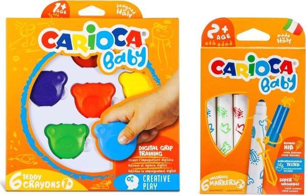 Carioca Jumbo Bebek Süper Yıkanabilir Keçeli Boya Kalemi Ve Teddy Baby Crayons 6'lı +1 Yaş Boya - Image 1