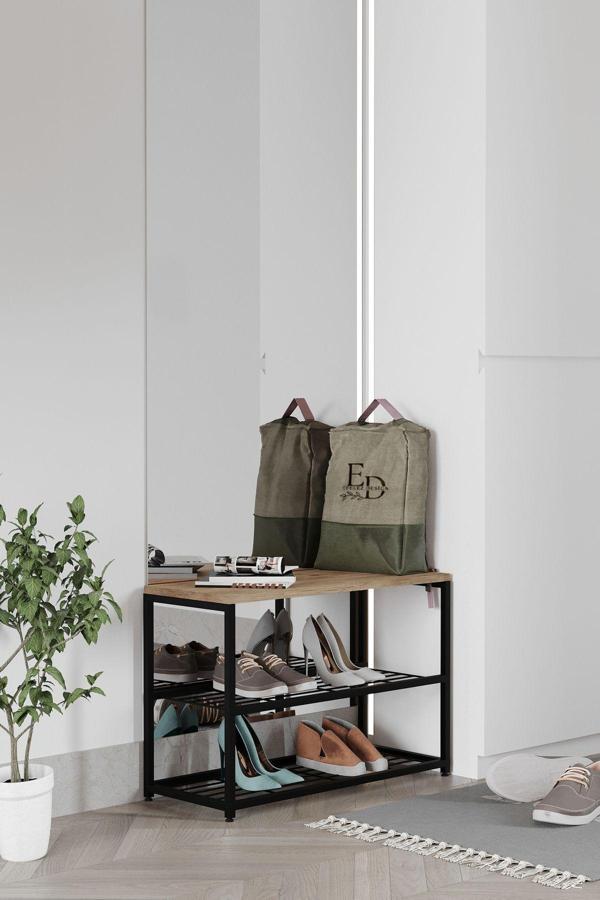 ED Efelez Design Ruby 3 Raflı Ayakkabılık - Siyah Metal - Atlantik Çam Tabla - Image 1