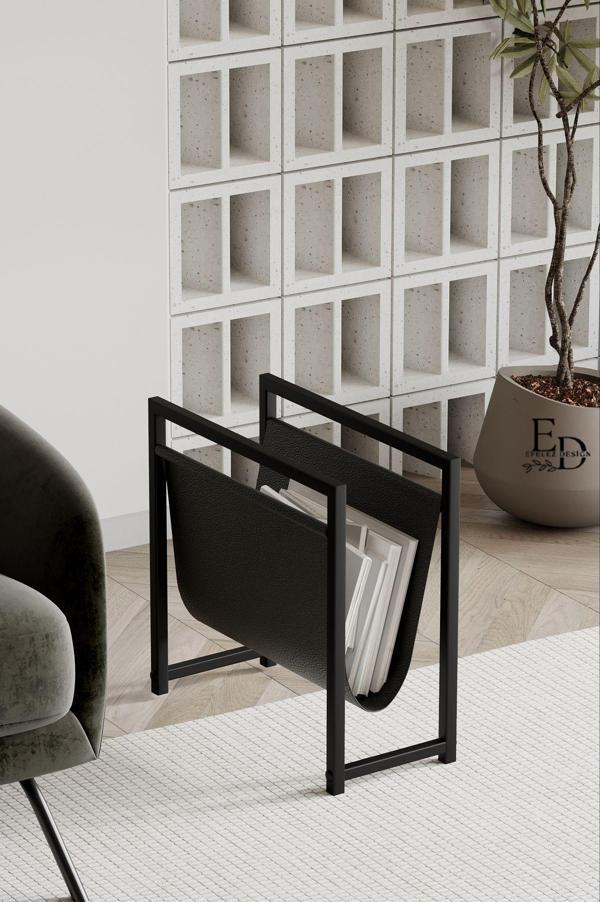 ED Efelez Design Coral Koltuk Yanı Dergilik - Gazetelik - Kitaplık- Siyah Metal - Siyah Deri - Image 1
