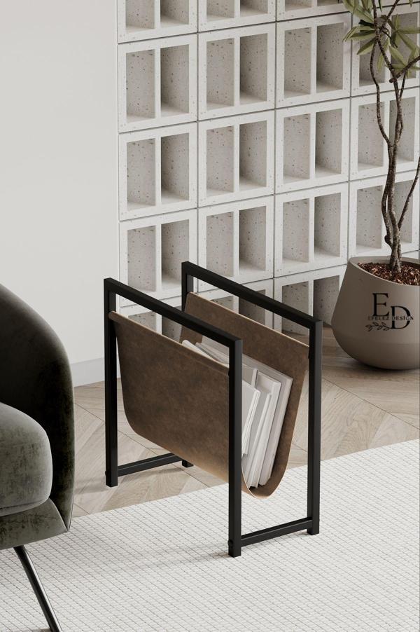 ED Efelez Design Coral Koltuk Yanı Dergilik - Gazetelik - Kitaplık- Siyah Metal - Kahverengi Deri - Image 1