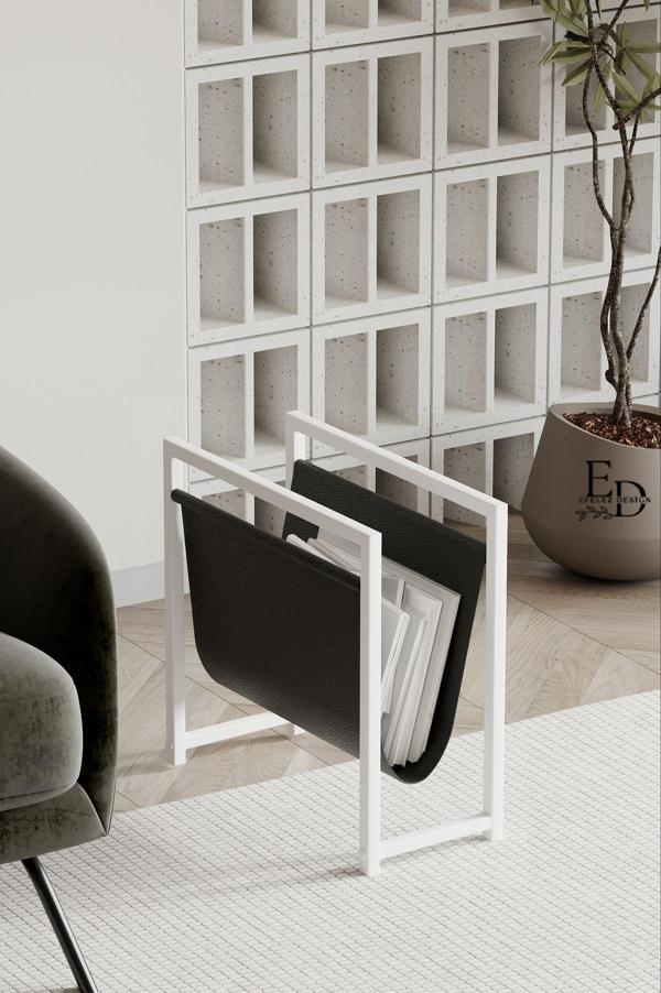 ED Efelez Design Coral Koltuk Yanı Dergilik - Gazetelik - Kitaplık- Beyaz Metal - Siyah Deri - Image 1