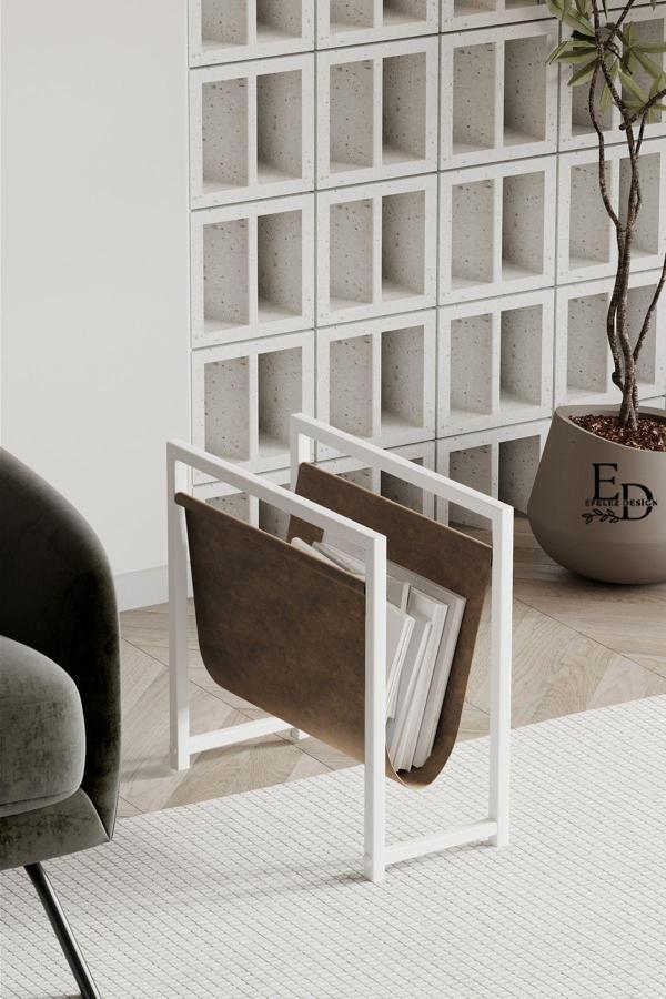 ED Efelez Design Coral Koltuk Yanı Dergilik - Gazetelik - Kitaplık- Beyaz Metal - Kahverengi Deri - Image 1