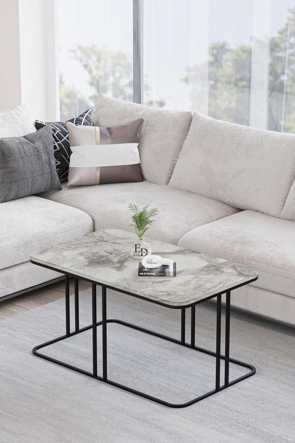 ED Efelez Design Lyon Orta Sehpa Siyah Metal - Beyaz Mermer Tabla - Image 1