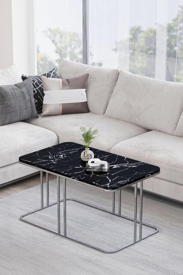 ED Efelez Design Lyon Orta Sehpa Gümüş Metal - Siyah Mermer Tabla - Image 1