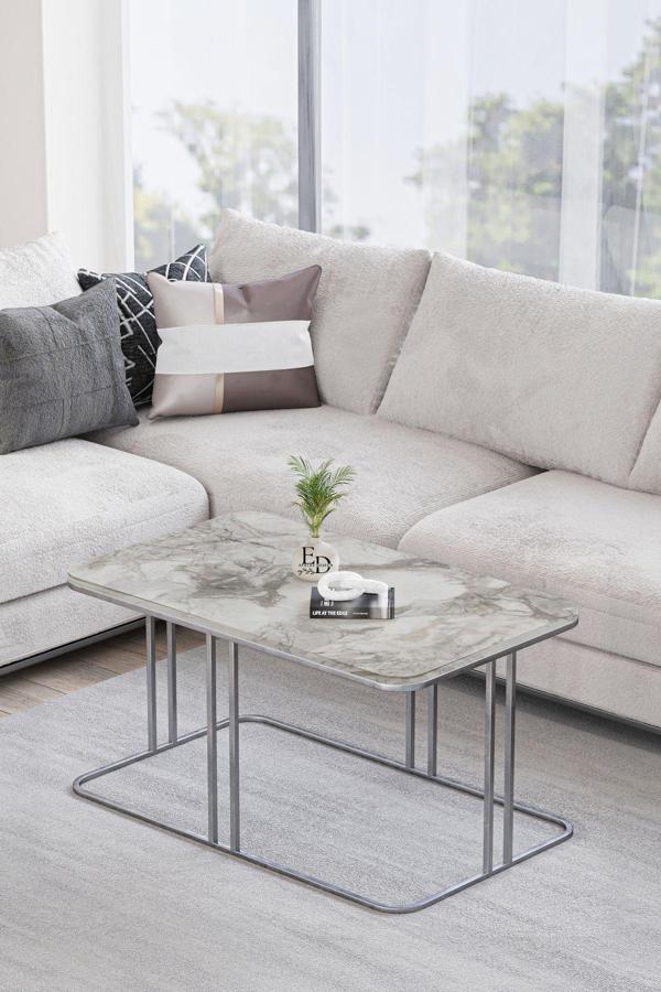 ED Efelez Design Lyon Orta Sehpa Gümüş Metal - Beyaz Mermer Tabla - Image 1