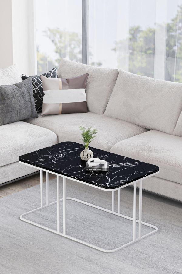 ED Efelez Design Lyon Orta Sehpa Beyaz Metal - Siyah Mermer Tabla - Image 1
