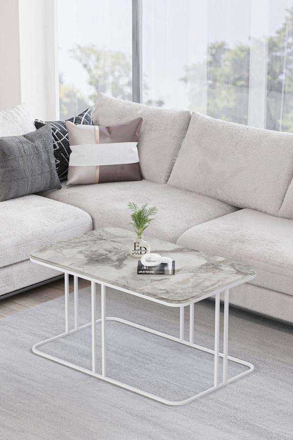 ED Efelez Design Lyon Orta Sehpa Beyaz Metal - Beyaz Mermer Tabla - Image 1