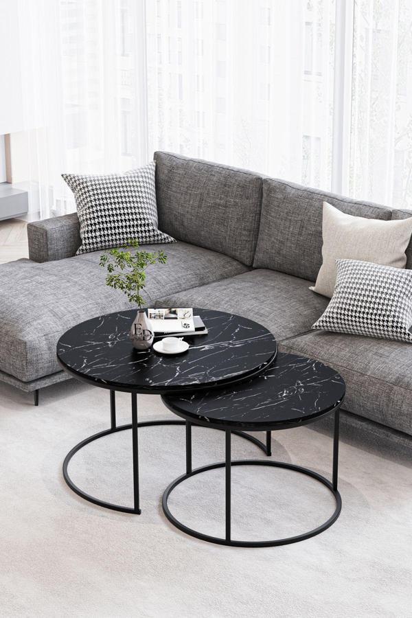 ED Efelez Design Paris Orta Sehpa 2'li Siyah Metal - Siyah Mermer Tabla - Image 1