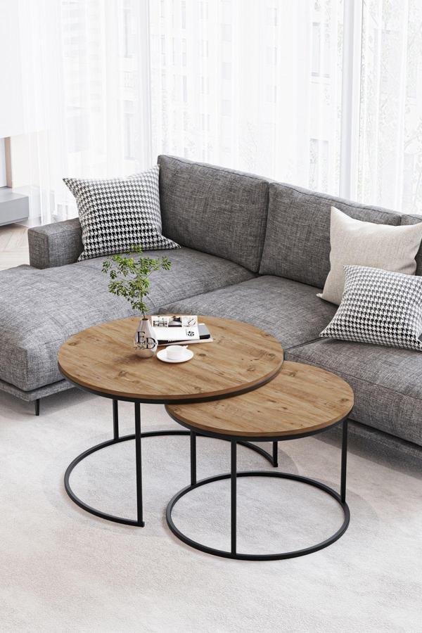ED Efelez Design Paris Orta Sehpa 2'li Siyah Metal - Atlantik Çam Tabla - Image 1