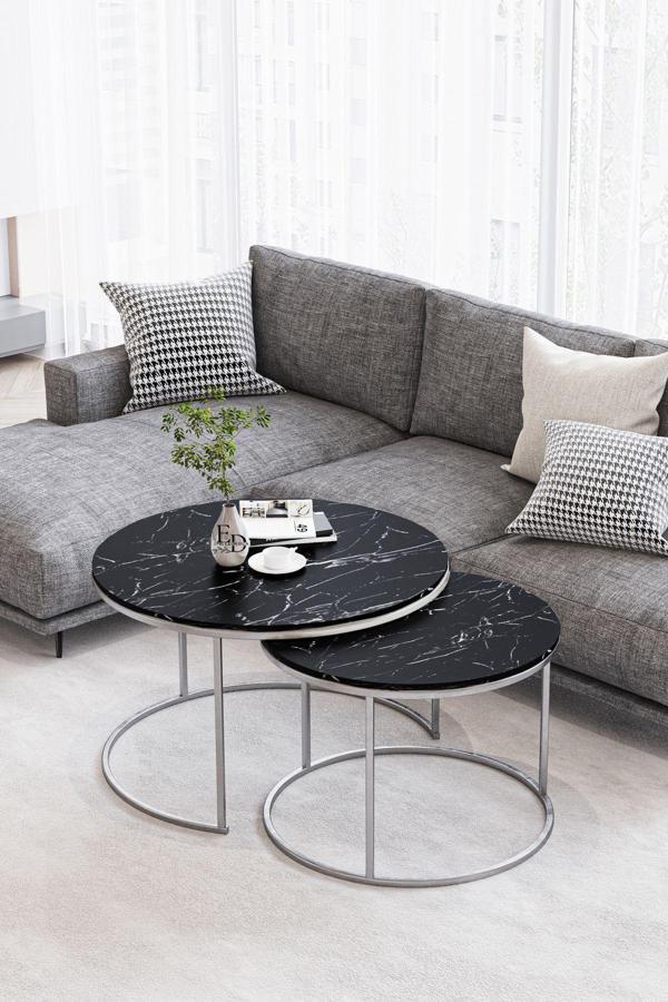 ED Efelez Design Paris Orta Sehpa 2'li Gümüş Metal - Siyah Mermer Tabla - Image 1