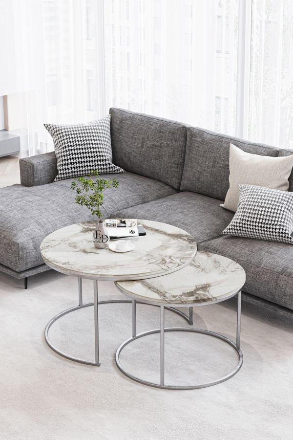 ED Efelez Design Paris Orta Sehpa 2'li Gümüş Metal - Beyaz Mermer Tabla - Image 1
