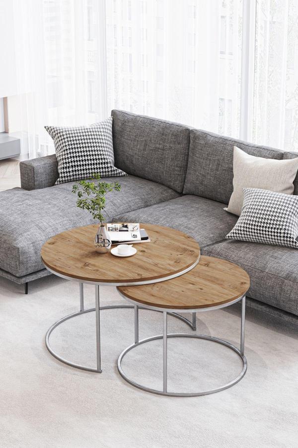 ED Efelez Design Paris Orta Sehpa 2'li Gümüş Metal - Atlantik Çam Tabla - Image 1