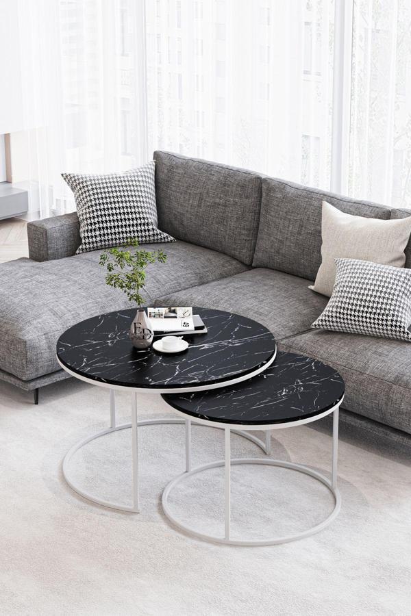 ED Efelez Design Paris Orta Sehpa 2'li Beyaz Metal - Siyah Mermer Tabla - Image 1