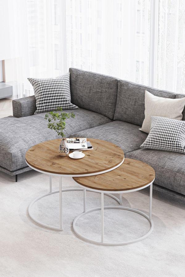 ED Efelez Design Paris Orta Sehpa 2'li Beyaz Metal - Atlantik Çam Tabla - Image 1