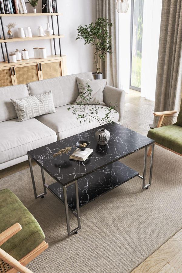 ED Efelez Design Nury Orta Sehpa Gümüş Metal - Siyah Mermer Tabla - Image 1