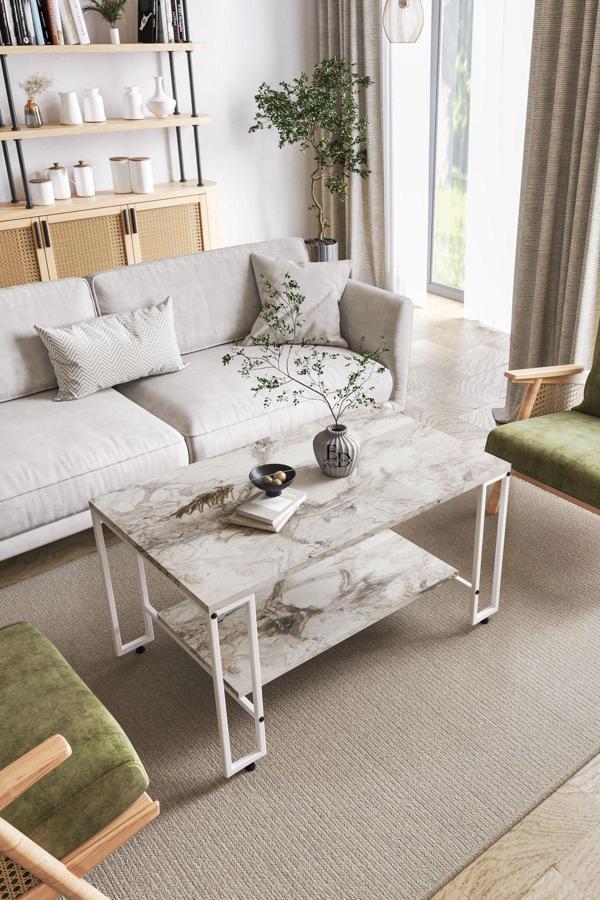 ED Efelez Design Nury Orta Sehpa Gümüş Metal - Beyaz Mermer Tabla - Image 1