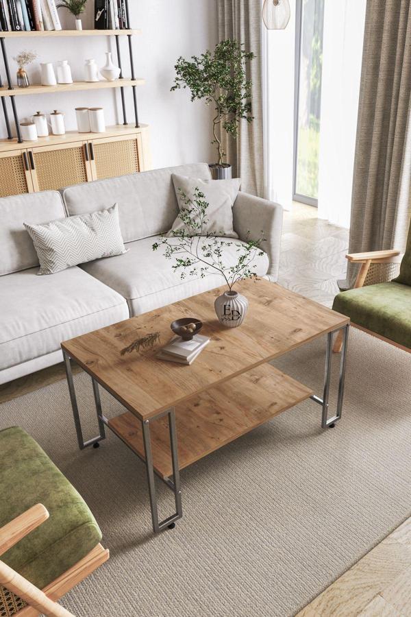 ED Efelez Design Nury Orta Sehpa Gümüş Metal - Atlantik Çam Tabla - Image 1