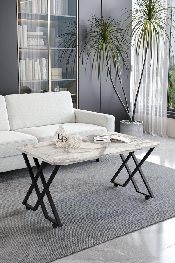 ED Efelez Design Milano Tekerlekli Orta Sehpa Siyah Metal - Beyaz Mermer Tabla - Image 1