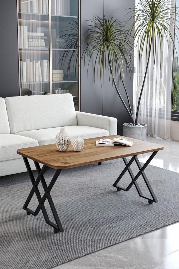 ED Efelez Design Milano Tekerlekli Orta Sehpa Siyah Metal - Atlantik Çam Tabla - Image 1