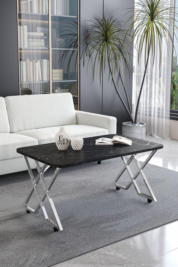 ED Efelez Design Milano Tekerlekli Orta Sehpa Gümüş Metal - Siyah Mermer Tabla - Image 1