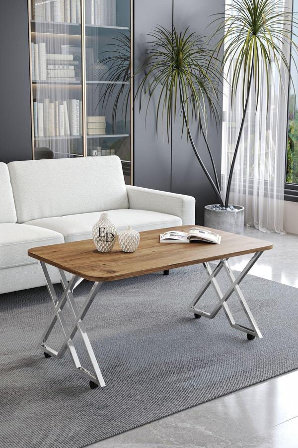 ED Efelez Design Milano Tekerlekli Orta Sehpa Gümüş Metal - Atlantik Çam Tabla - Image 1