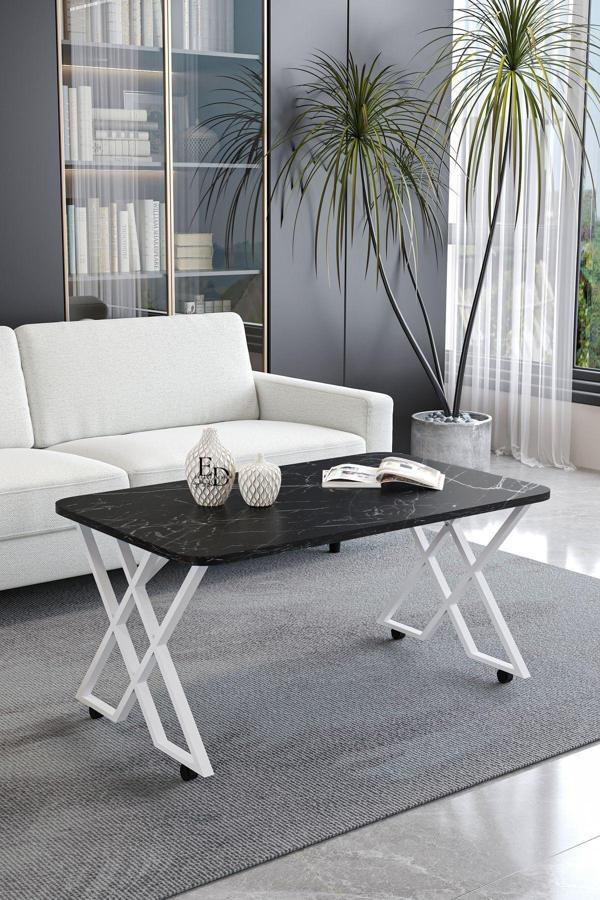 ED Efelez Design Milano Tekerlekli Orta Sehpa Beyaz Metal - Siyah Mermer Tabla - Image 1