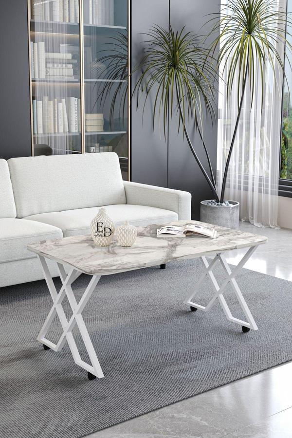 ED Efelez Design Milano Tekerlekli Orta Sehpa Beyaz Metal - Beyaz Mermer Tabla - Image 1