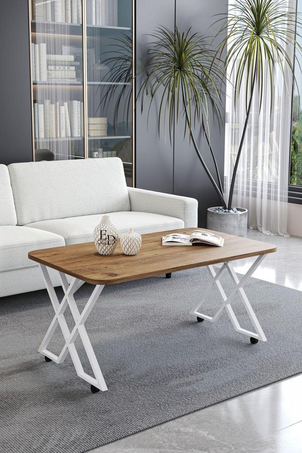 ED Efelez Design Milano Tekerlekli Orta Sehpa Beyaz Metal - Atlantik Çam Tabla - Image 1