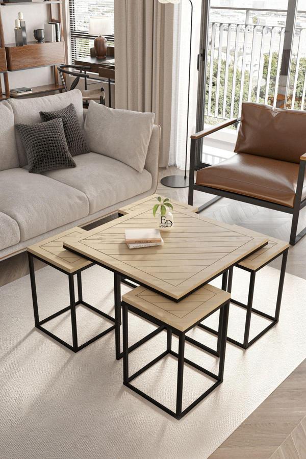 ED Efelez Design Lizbon 4+1 Kare Sehpa Takımı Siyah Metal - Masif Ahşap Tabla - Image 1