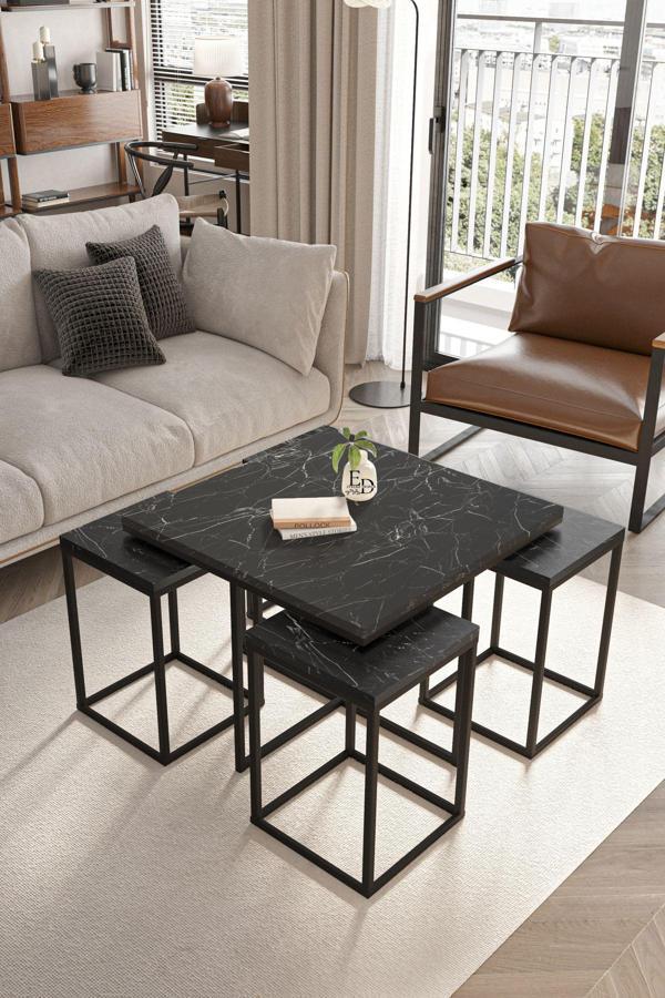 ED Efelez Design Lizbon 4+1 Kare Sehpa Takımı Siyah Metal - Siyah Mermer Tabla - Image 1