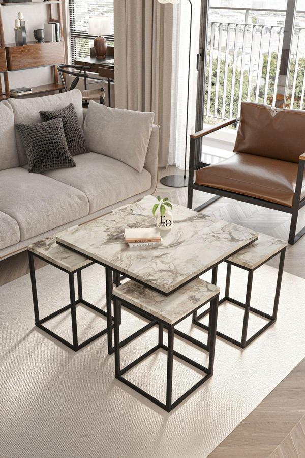 ED Efelez Design Lizbon 4+1 Kare Sehpa Takımı Siyah Metal - Beyaz Mermer Tabla - Image 1