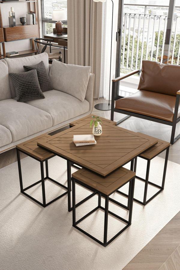 ED Efelez Design Lizbon 4+1 Kare Sehpa Takımı Siyah Metal - Ceviz Tabla - Image 1