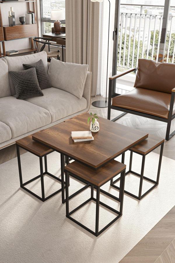 ED Efelez Design Lizbon 4+1 Kare Sehpa Takımı Siyah Metal - Barok Tabla - Image 1