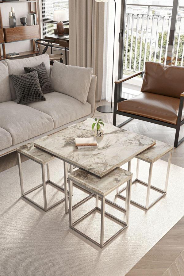 ED Efelez Design Lizbon 4+1 Kare Sehpa Takımı Gümüş Metal - Beyaz Mermer Tabla - Image 1