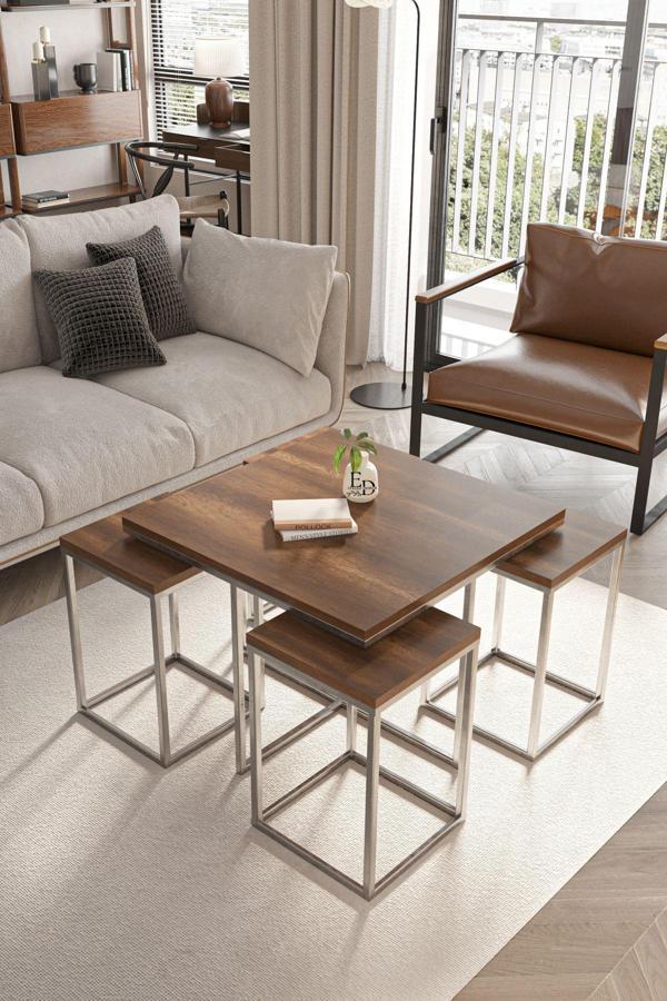 ED Efelez Design Lizbon 4+1 Kare Sehpa Takımı Gümüş Metal - Barok Tabla - Image 1