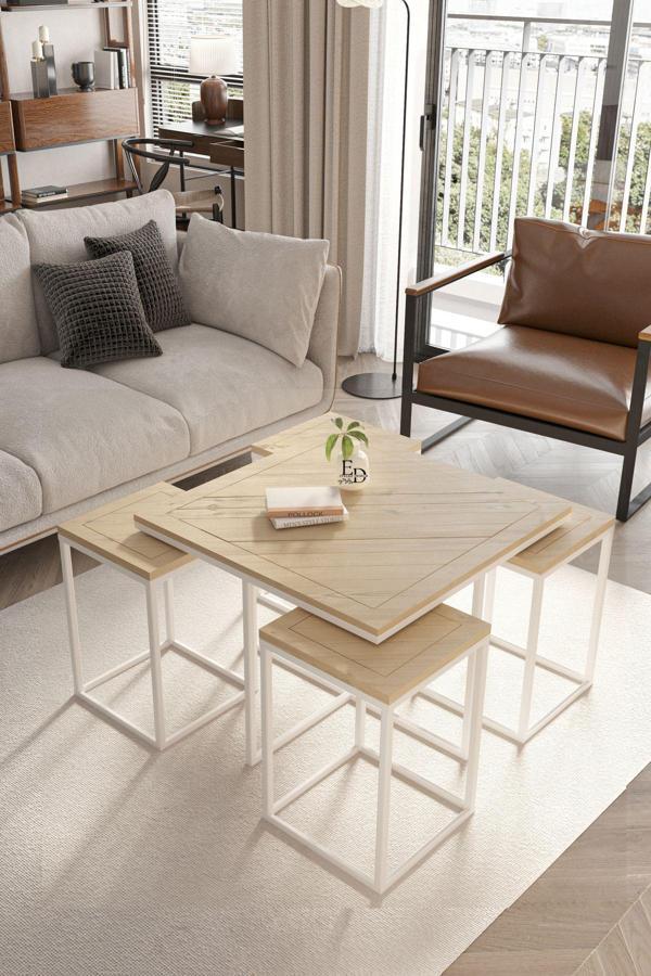 ED Efelez Design Lizbon 4+1 Kare Sehpa Takımı Beyaz Metal - Masif Ahşap Tabla - Image 1