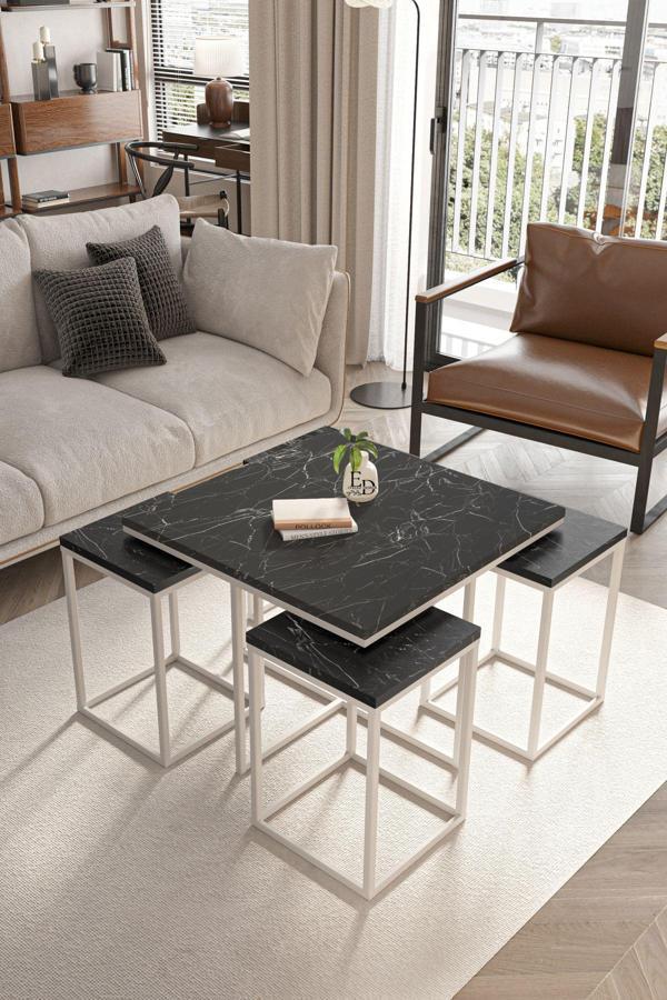 ED Efelez Design Lizbon 4+1 Kare Sehpa Takımı Beyaz Metal - Siyah Mermer Tabla - Image 1