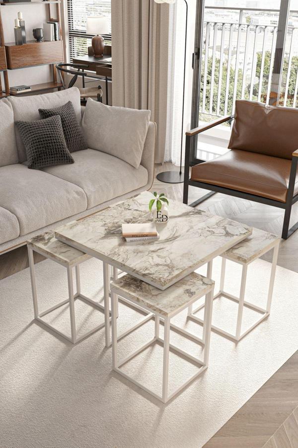 ED Efelez Design Lizbon 4+1 Kare Sehpa Takımı Beyaz Metal - Beyaz Mermer Tabla - Image 1