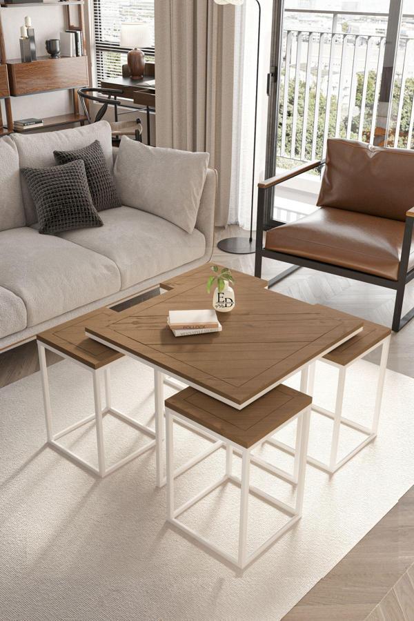 ED Efelez Design Lizbon 4+1 Kare Sehpa Takımı Beyaz Metal - Ceviz Tabla - Image 1